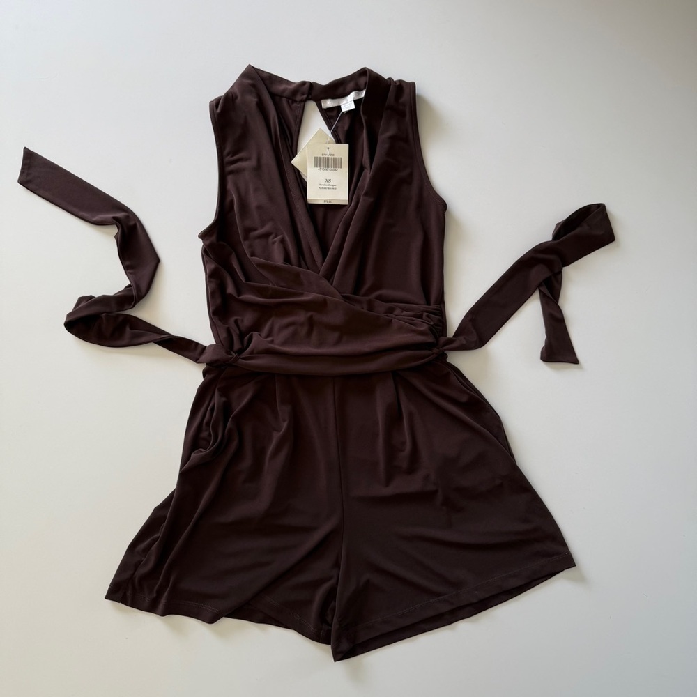 Boston Proper-Brown Slinky Romper-Draped-Faux Wrap-Shorts-NWT-Size XS